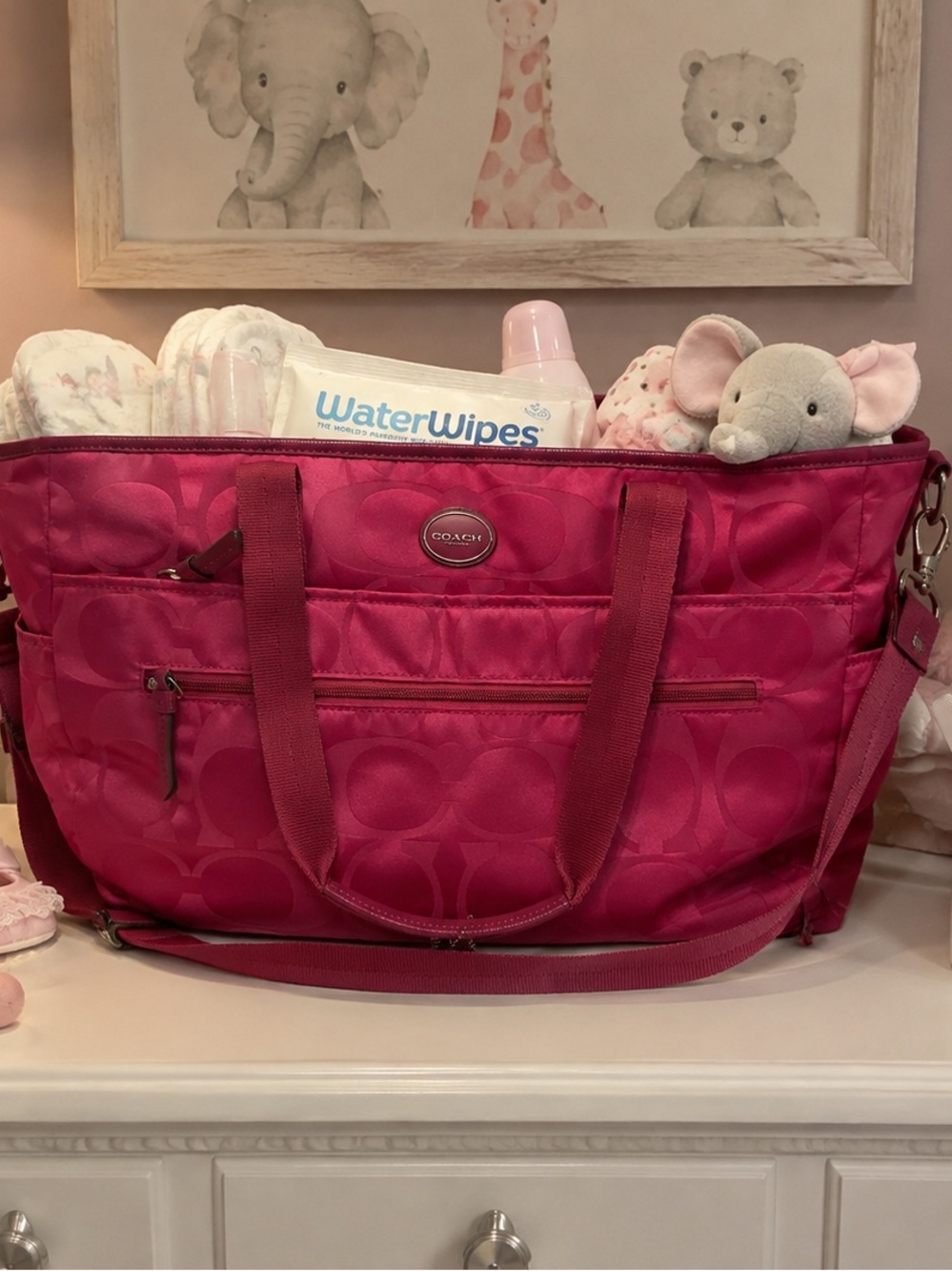 Coach Signature Nylon Baby Diaper Bag (Style F77577) in hot pink/fuchsia
